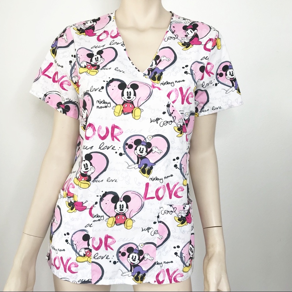 DISNEY Love Mickey Minnie Nurse Heart Scrub Top XS